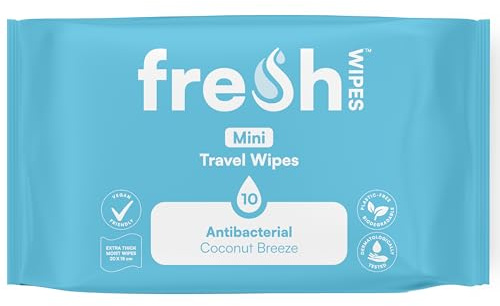 FreshWipes Mini Antibacterial Body Wipes for Adults 1 Pack (10 Wipes) - Biodegradable Wet-Wipes - Dermatologically Tested & Suitable for the Elderly or Disabled - Great for Camping (Coconut Breeze)