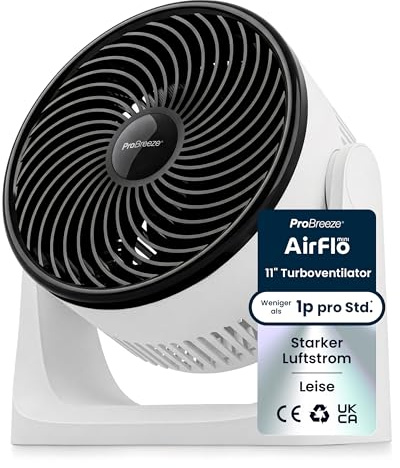 Pro Breeze AirFlo Mini Tischventilator – Leiser Turbo Ventilator mit 3 Stufen, 90° Neigung und kraftvollem Luftstrom bis 4,2 m/s, kompakt für Schreibtisch, Schlafzimmer & Büro