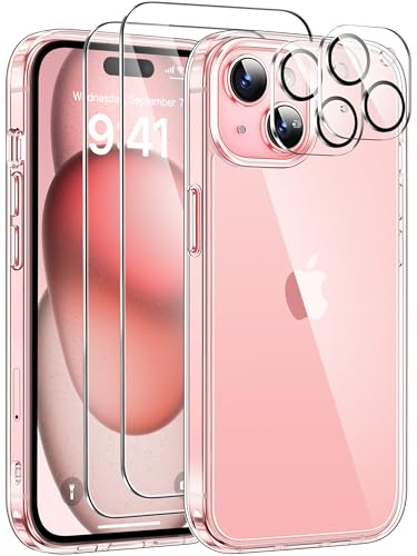 Guisessy 5 in 1 für iPhone 15 Hülle, Anti-Yellowing, Transparent | Mit 2 Stück Kameraschutz und 2 Stück Schutzfolie, PC Kratzresistente Rückseite, Schutz Stoßfest Kratzfest Handyhülle