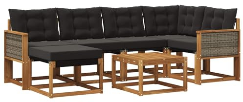 vidaXL Outdoor-Sofagarnitur mit Kissen 7 pcs Natürlich und Schwarz, Garten-Sofa-Set, Moderne Outdoor-Möbel, Elegante Patiositzgelegenheiten, robuste Textilene-Sofas