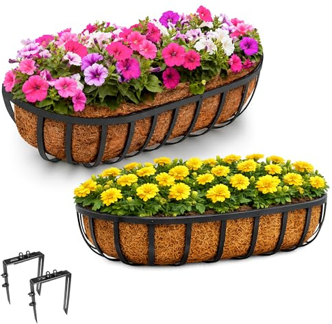 Bishop Wall Hanging Planters Outdoor 62cm 2 Pack with Adjustable Hooks | Natural Coco Liner, Rust Proof Metal Trough Garden Wall Baskets for Fence Balcony Railing, Easy To Fit