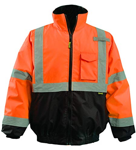 OccuNomix LUX-350-JB-BOL High Visibility 2-in-1 Quilted Black Bottom Bomber Jacket with Zip-Out Quilted Liner and 7 Pockets, Class 3, 100% ANSI Polyester, Large, Orange