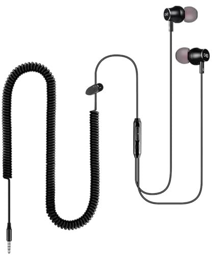 Extra long casque filaire pour TV avec 12 pieds à ressort enroulé câble d'extension, écouteurs intraauriculaires pour périphériques de sortie audio 3,5 mm Stéréo, métal, Bass Écouteurs