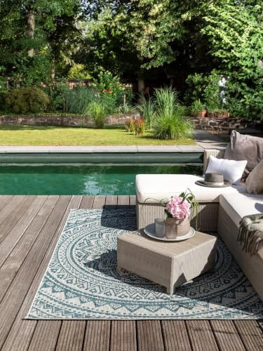 benuta Nest Teppich Cleo - Kunstfaser - Outdoor geeignet - Rechteckig & im Style: Geometrisch, Ethno-Style - Pflegeleicht für Wohnzimmer Schlafzimmer, Beige/Blau, 120x170 cm