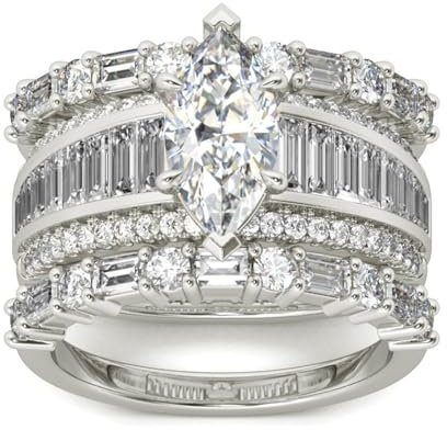 Jeulia 3Pcs Ensemble de Bagues de Fiançailles en Argent Sterling Or Jaune Bagues Vintage Coupe Marquise Femmes Anniversaire Mariage Engagement (2Argent, 60)