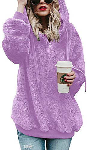 iWoo Kapuzenpullover Damen Langarm Teddy-Fleece Sweatshirt Pullover Superweich Teddy Mantel Sweatshirt Warm Hoodie(Lila,L)