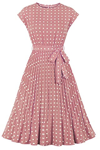 Wellwits Robe vintage plissée pour femme Motifs à pois, rose, XL