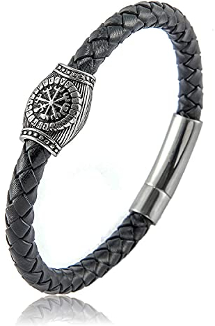 DPGOLDP Wikinger Rune Vegvisir Armband, Gotisch Stil Armreif Aus Geflochtener Lederschnur, Edelstahlschmuck Für Herren