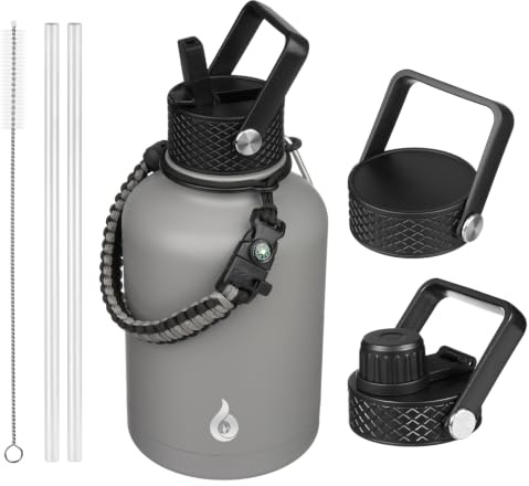 BJPKPK Insulated Water Bottles with Straw Lid, 50oz Large Water Cups, Stainless Steel Vacuum Bottles, Hot & Cold Thermos with 3 Lids and Paracord Handle,Gray