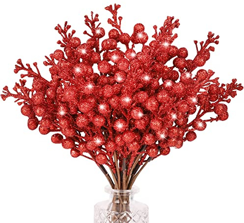 N&T NIETING Christmas Tree Picks, 24 Pcs 9.8 Inch Glitter Artificial Glitter Tree Picks Stems Branche Ornaments for Christmas Tree Ornaments, DIY Xmas Wreath, Holiday and Home Decoration, Red