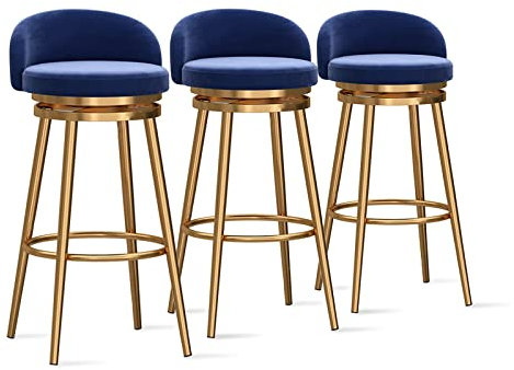 Tabourets de comptoir Lot de 3- Tabourets de Bar en Velours avec Pied en Métal Doré,Chaises de Bar d'îlot de Cuisine Modernes Chaises de Salle à Manger à Dossier Bas, 65cm H, Bleu