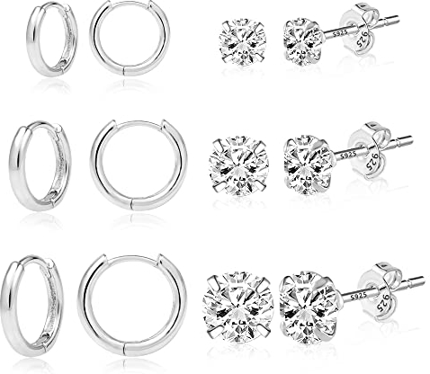 ALEXCRAFT Silber Ohrringe für Damen - Sterling Silber 925 Creolen Ohrringe Set mit AAA+ Diamant Zirkonia Mini kugel Ohrstecker, 6 Paar Hypoallergen Knorpel Huggie Creolen Ohrstecker