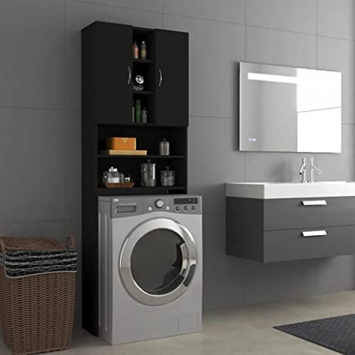 homiuse Waschmaschinenschrank Schwarz 64x25,5x190 cm Waschmaschinenüberbauschrank Badschrank Waschküche Möbel mit 2 Türen / 9 Fächern Platzsparendes Modisches Design Robust & Langlebig