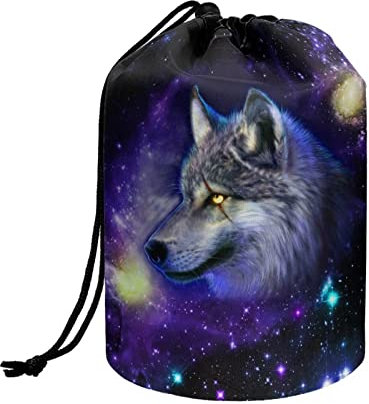 chaqlin Galaxy Blue Wolf Drawstring Cosmetic Bag for Women Men,Animal Wolf Travel Toiletry Makeup Bag Portable Organizer Bag Multifunctional Bucket Toiletry Bag