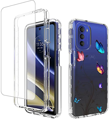 Vavies Coque pour Moto G51 Case, pour Motorola G51 XT2171-1 Coque avec Protection d'écran en Verre trempé, Housse Transparente Intégrale à Motif Floral Étui pour Motorola Moto G51 5G Papillon