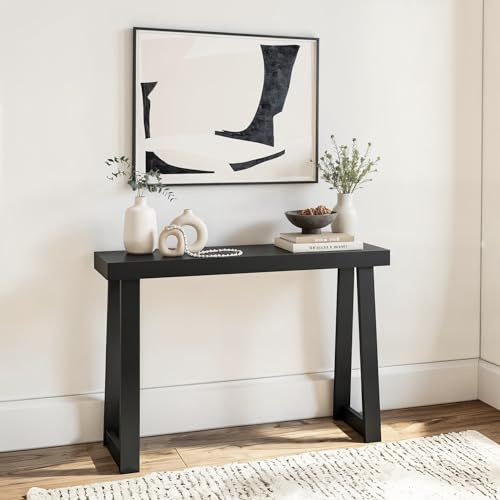 Plank+Beam Massivholz Konsolentisch 46 Zoll Sofatisch schmaler Eingangstisch für Flur Hinter der Couch Wohnzimmer Foyer Einfache Montage Schwarz