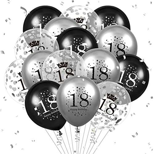 Luftballon 18. Geburtstag Deko 15 Stück Schwarz Silber Ballons-18 Jahre Geburtstagsdeko Happy Birthday Deko Latex Konfetti Ballon für Männer Frauen 18. Jubiläum Geburtstag Party Dekoration 12Zoll