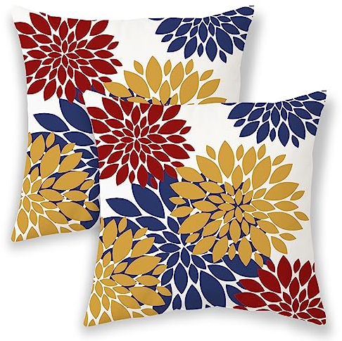 BETGINY Gelbe rote marineblaue Kissenbezüge, 45,7 x 45,7 cm, 2 Stück, moderne geometrische Dahlie, dekorative Wurfkissen für Couch, Sommerblumen, Outdoor-Dekoration, Kissenbezug, Leinen, quadratischer