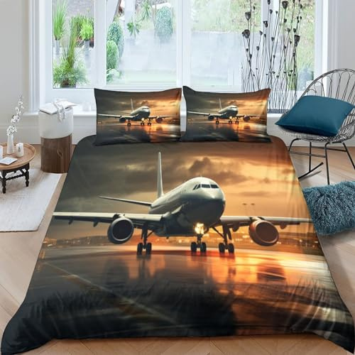 MEFESE Planes on The Runway Bettbezug-Set,3D-Muster,Trösterbezug-Set,Kinderbett,Jungenbett,Mikrofaser-Bettwäsche-Set,Bettbezug mit Reißverschluss,King-Size-Größe