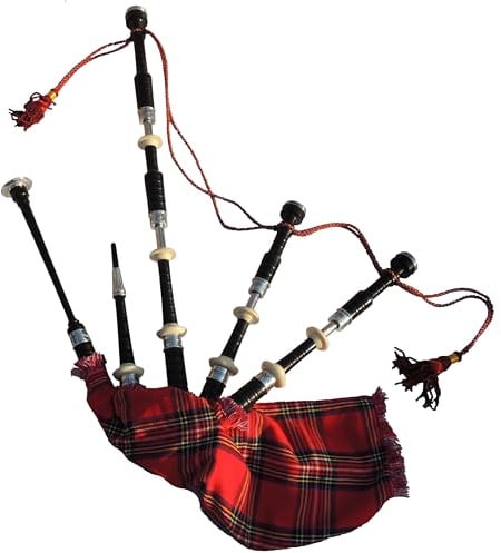 Great Highland Dudelsack mit gravierten Nickelhülsen, Rutschen und elfenbeinfarbenen Halterungen, schottischer Dudelsack für Schüler, komplettes Starter-Set inklusive Anfängeranleitung (Royal Stewart