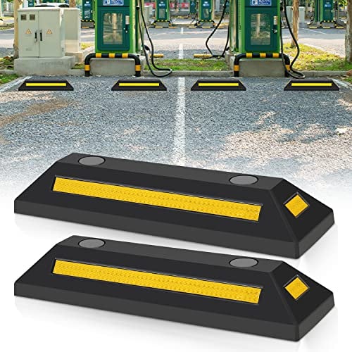 Joparri 2 Stück Radstopper Parkplatzsperren Gummi Parkplatzbegrenzer Parkbegrenzung Parkplatzmarkierung Anfahrschutz mit Gelb Reflektierende Streifen für Garage und Parkplätze