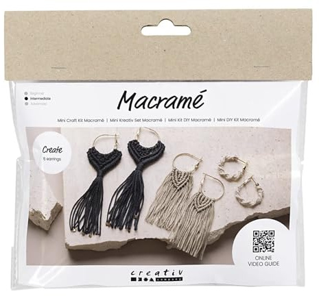 Mini Bastelset Makramee, schwarz, olivbraun, sand, Ohrringe, 1 Packung
