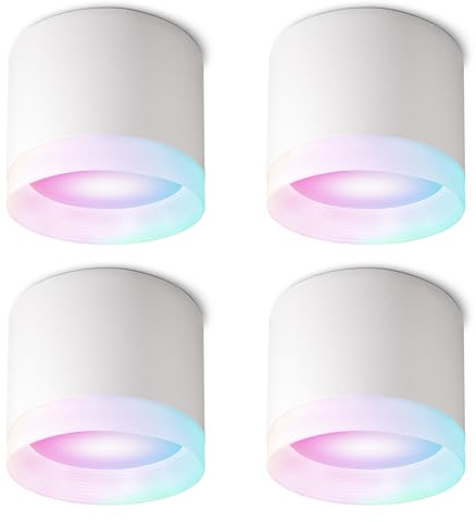 SSC-LUXon VORA Deckenleuchte weiß 4 Stück Smart GX53 LED WLAN RGBW App | Vier Aufbauspots mit Leuchtring & RGB-Farblicht - per App & Alexa steuerbar, blendfrei fürs Wohnzimmer, ohne Hub, inkl. LED