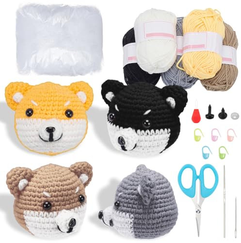 ORIGACH 4 Sets Shiba Dog und Husky Häkelset für Anfänger, Komplettes Häkelset mit Anleitung für Erwachsene, Hundehäkelset für Anfänger