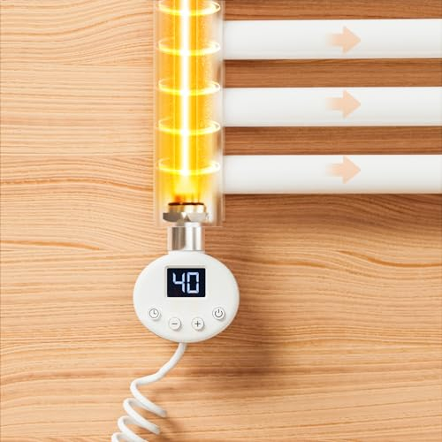 EMKE Heizstab Badheizkörper 1200W, Heizpatrone aus Edelstahl für Heizkörper Elektrischer Handtuchheizkörper, Heizstab mit Thermostat Elektronischer Temperaturregler und Timerfunktion Weiß