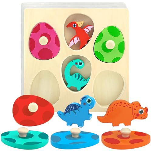 VingaHouse Montessori Spielzeug,3D Kinder Holzpuzzle Dino Eier Holzspielzeug, Holzpuzzle ab 1 Jahr Greifpuzzle Motorikspielzeug Sortierspiel Geburztag Ostern Geschenk für Mädchen Jungen Kinder