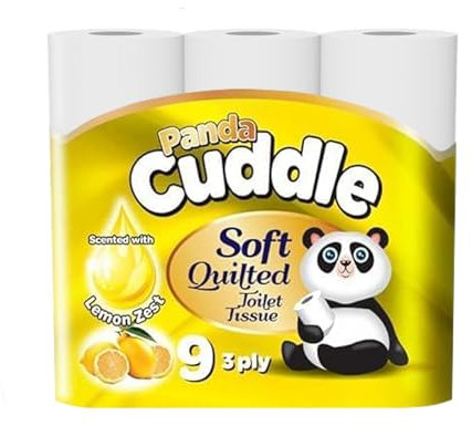 Panda Cuddle 3-Ply Soft Quilted Scented Toilet Rolls - 9 Lemon Scented Premium Bathroom Rolls for Luxurious Comfort and Hygiene (Pack of 9)