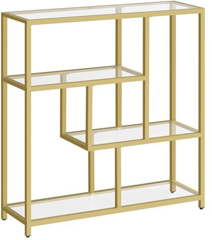VASAGLE Bücherregal, Regal mit 4 Ablagen, Standregal, 30 x 100 x 103 cm, Aufbewahrungsregal, für Wohnzimmer, Büro, Schlafzimmer, Küche, transparent-blassgold LGT509A01