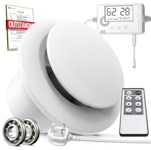 SBONNI 4 Inch Bathroom Extractor Fan with Humidistat, Thermostat, Timer, Remote Control – Powerful, Silent Ventilation Fan with Real Time Humidity & Temp Display for Ceiling Wall (With Plug)