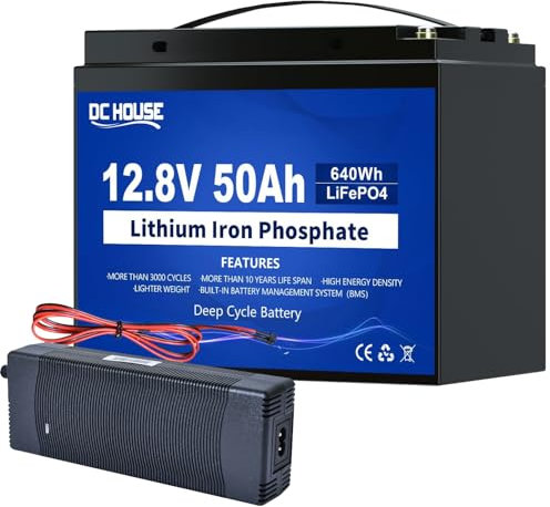 DCHOUSE 12V 50Ah batteria al litio LiFePO4 con caricabatterie 10A, BMS integrato, più di 4000 cicli, perfetto per barca, marino, motore trolling, campeggio, sistema solare, camper, fish finder