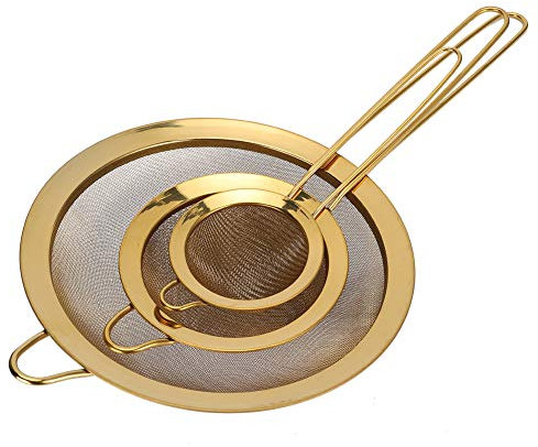 Gold Fine Mesh Strainer with Long Handle 3 Pieces Set Golden Flour Sifter for Baking Stainless Steel Sieve for Tea Coffee Food Pasta