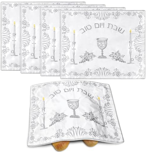 HunnmingRe 4 Stück weiße Satin-Challah-Abdeckung für Shabbat-Brot, 50,8 x | Silberne Kerzenhalter-Stickerei, Sabbat-Tischdekoration, Judaica-Geschenk, Challah-Brotabdeckung, Feiertagsessen