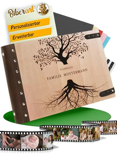 Hochwertiges Stammbuch mit leeren Seiten I Fotobuch zum Selbstgestallten I Fotoalbum aus Holz mit Wunschtext, eigenen Glückwünschen und Stammbaum Gravur I mit bis zu 120 DIN A4 Seiten I Lederbindung