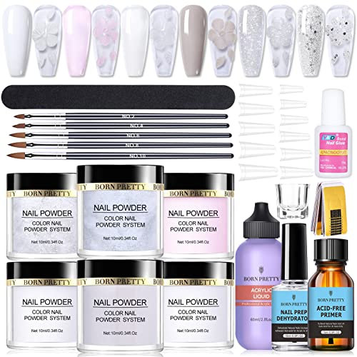 Born Pretty Acryl Nagelset - 6 Colors Acrylpulver für Nägel Weiß Klar Rosa Acryl Nägel Starterset Acryl Pulver Nails mit Dehydrator und Primer für Nägel Edges Brush Acryl Liquid Nagel Tips
