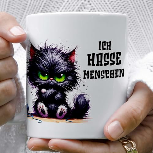 Lustige Katzentasse Ich hasse Menschen Witzige Geschenkidee zu Weihnachten für beste Freundin oder Kollegin Humorvolle Tasse für Kaffee oder Tee Katzenbecher mit Spruch Weihnachtsgeschenk