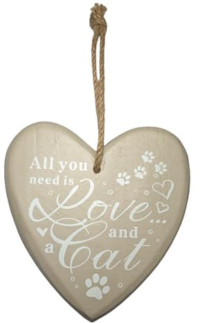 Wooden Hanging Heart Plaque - All You Need is Love and A Cat Sign