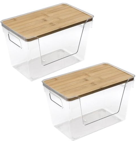 Jorzer Trash Bag Dispenser, 2PCS Large Capacity Stackable Open Front Storage Bins, Clear Trash Bag Holder with Bamboo Lids and Handle, Garbage Bag Dispenser for Kitchen Laundry Room Organization