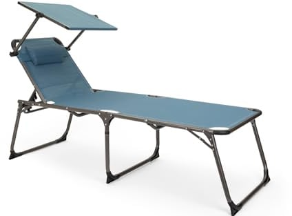 BERGER Slimline Dreibein Sonnenliege | klappbare Gartenliege mit Verstellbarer Rückenlehne Sonnenschutzdach & Kissen | leicht stabil belastbar bis 150 kg | Ideal für Balkon Strand & Camping