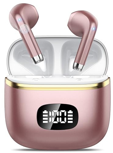 POMUIC Cuffie Bluetooth, Auricolari Bluetooth 5.4 Immersivo HIFl Sound Quality con 4 ENC Mic, Display di Potenza a LED, 40H Riproduzione, Impermeabile IPX7, Auricolari per IOS Android, Rosa chiaro