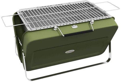 Outsunny Barbecue a Carbonella Portatile, BBQ Pieghevole a Valigetta con Manico e Griglia per Campeggio, Picnic, Giardino, 47x30x28 cm, Verde