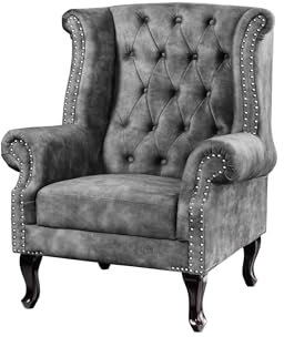 Licht-Erlebnisse Ohrensessel Chesterfield aus Samt Holz in Grau Braun elegant bequem RODRA Sessel Wohnzimmersessel