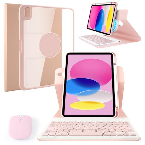 LAMA Étui magnétique rotatif avec clavier Bluetooth avec souris pour iPad 11{^>e<^} A16 11 2025, iPad 10{^>e<^} génération 11 2022, étui avec clavier sans fil amovible, rose