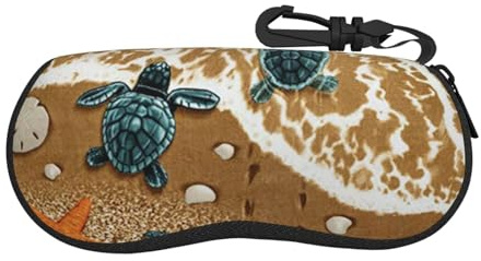 Cykazhst Brillenetui mit Schildkrötenmotiv am Strand, tragbar, Neopren, Reißverschluss, Sonnenbrillenetui, Reise-Brillentasche mit Haken für Männer und Frauen, Schwarz , One size