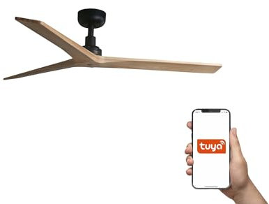 Faro Klim Ventilatore da soffitto a 3 pale medio, nero opaco, pino, sistema Tuya Smart