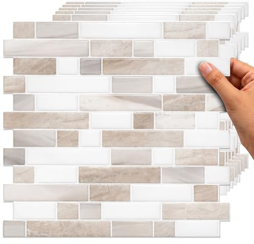 TradeDownCo Peel & Stick Wall Tiles - Thicker Self-Adhesive Premium Tile Stickers for Kitchen, Bathrooms, Laundry Rooms and More, 12x12/30x30cm (White & Beige, 10 Sheets)