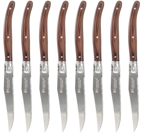 FSYGloryGlides Couteaux à Steak Style Classique – Set de 8, Lames Dentelées en Acier Inoxydable, Manche en Bois Naturel, Usage Quotidien & BBQ, Coffret Cadeau (Ensemble 8 pièces couleur bois)